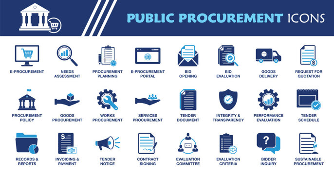 Public Procurement Icon Set. Collection of E-Procurement, Tender Management, Bid Evaluation, Government Purchasing, Contract Management and More Icons. Editable Vector Illustration.