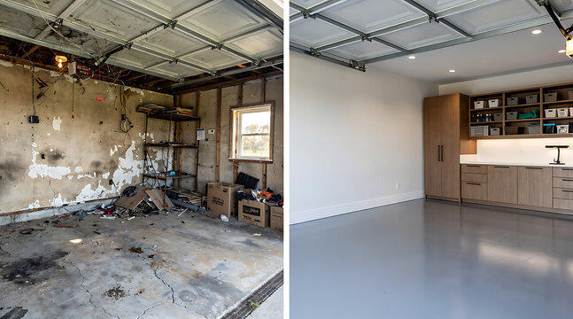 Transformative garage renovation illustrating dramatic before and after interior upgrades with modern design elements and
