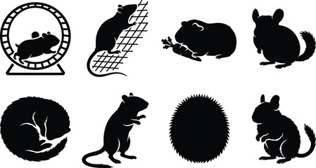 Black silhouette icons of small rodents and pets including hamster, mouse, guinea pig, chinchilla, hedgehog, and sleeping animal poses