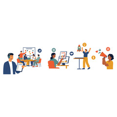 Fototapeta premium Flat depicting a diverse group of people working in a modern office environment with computers and creative tools