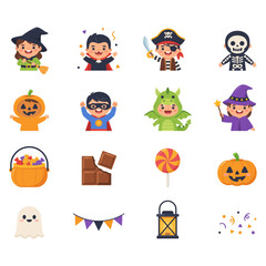 Fototapeta premium Set of cute halloween character including children in costumes, a pumpkin, ghost, candy, chocolate, and lantern on white background