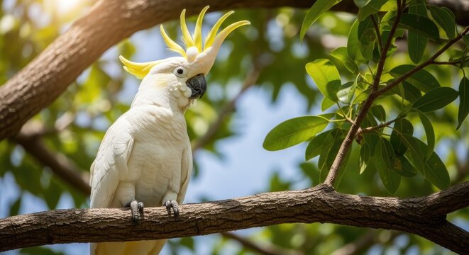 white cockatoo perched on tree branch
