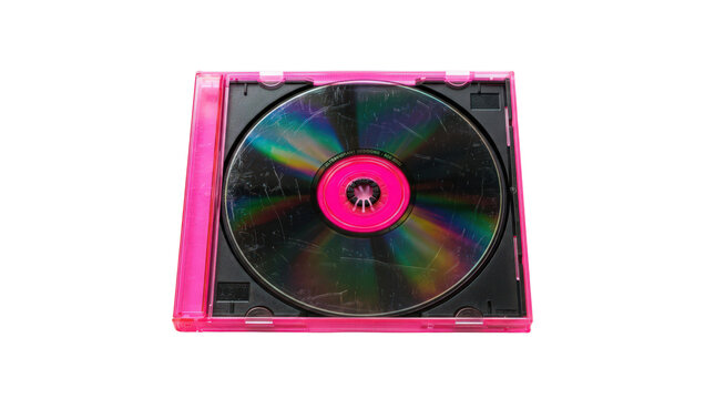 Pink cd jewel case with a scratched disc isolated on transparent background