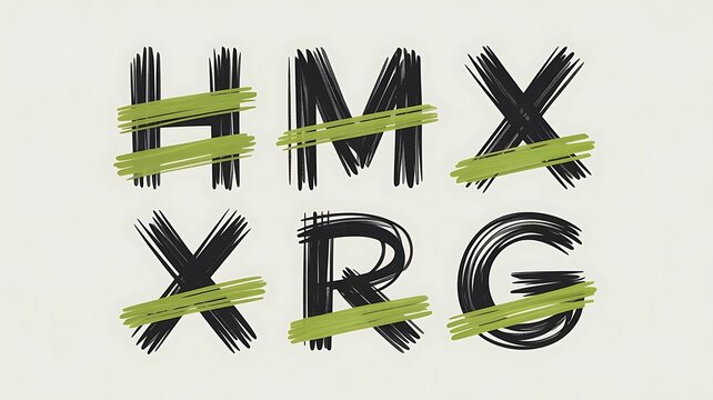 Minimalist black-and-white characters with green underline collection with hand drawn chalk, wax crayon, pencil and charcoal strokes for scribble highlights, text emphasis.