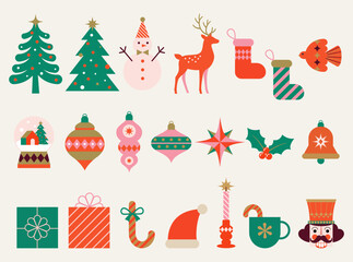 Naklejka premium Large Collection of Flat Geometric Mid-Century Modern Christmas Graphic Elements and Characters