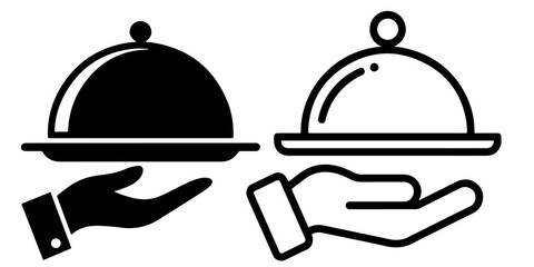 Fototapeta premium Covered Food Serving Dish and Waiter Hand Icon Set Restaurant Catering and Food Presentation Symbol Collection Elegant Dining Service and Covered Platter Icon Set
