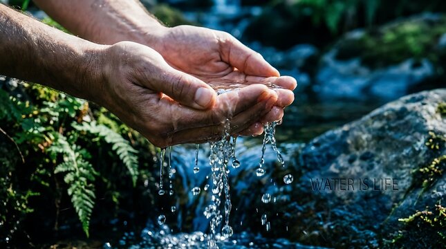 Clean fresh water flowing through cupped human hands in a lush green forest