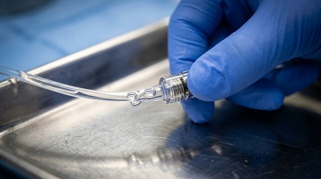 Radiology Technologist Priming a Contrast Injector Line to Remove Air before Connecting to a Patient