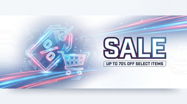 Online SALE Shopping Banner with Digital Discount Tag and E-commerce Background