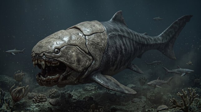 Prehistoric Dunkleosteus armored fish swimming in deep ocean