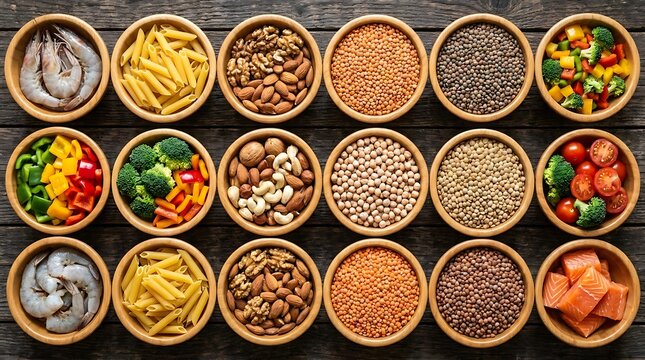 Many wooden bowls filled with healthy food ingredients like grains pasta vegetables and nuts on a dark wooden table