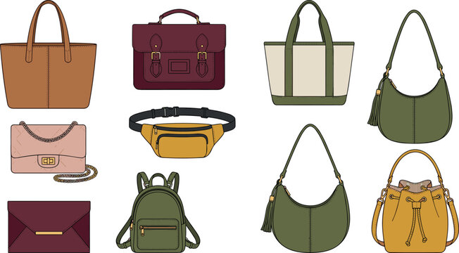 Fashion Handbag and Purse Vector Icon Set Featuring Tote Briefcase Backpack Clutch Shoulder Bag and Fanny Pack for Retail Catalogs and Accessory Design Mockups