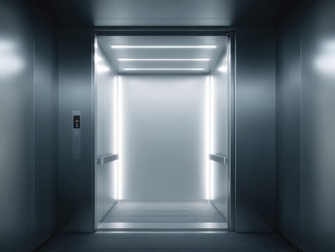 Modern, sleek elevator interior with bright, linear lighting, hinting at a minimalist design, and an open doorway