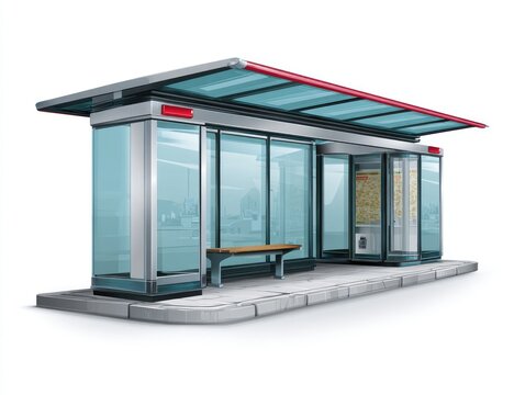 Modern, sleek bus shelter with glass walls, metal frame, a bench, and a roof, reflecting the city landscape, waiting