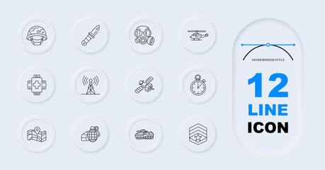 Fototapeta premium Military operation set icon. Neomorphism collection with combat helmets, tactical knives, gas masks, helicopters, communication towers, armored tanks, satellite monitoring graphics.