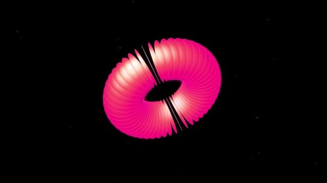 Abstract pink neon torus rotating in dark space, futuristic 3 d motion background, motion neon