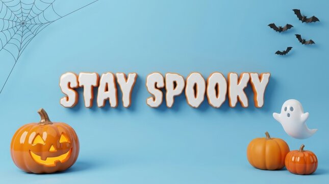 Halloween composition with carved pumpkin, ghosts, and bats on a blue background with the text stay spooky
