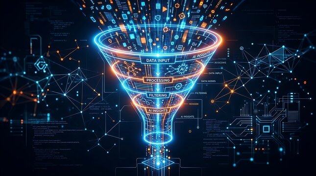 Digital data funnel showing information processing and analysis with glowing neon icons on a dark background