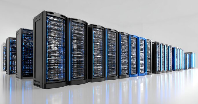 Servers aligned in a row with open fronts, emitting a cool blue glow. Clean and modern data center