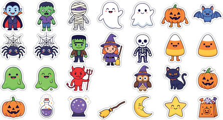 Fototapeta premium Cute Halloween Characters and Spooky Icons Vector Sticker Set Featuring Kawaii Vampire Zombie Mummy Witch Ghost and Pumpkin Graphics for Creative Holiday Designs