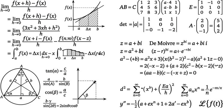 Mathematical Collage: A comprehensive visual compilation of complex mathematical formulas, theorems, geometric figures, and algebraic equations, showcasing the beauty and intricacies of mathematics.