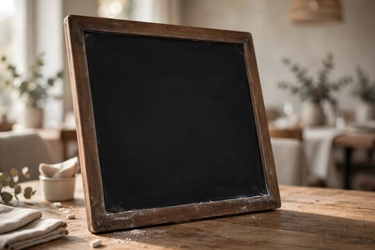 Empty wooden chalkboard frame on a rustic table for menu or message display