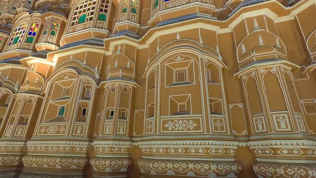 Camera Pan Across Ornate Hawa Mahal Facade Pattern in Jaipur, Rajasthan