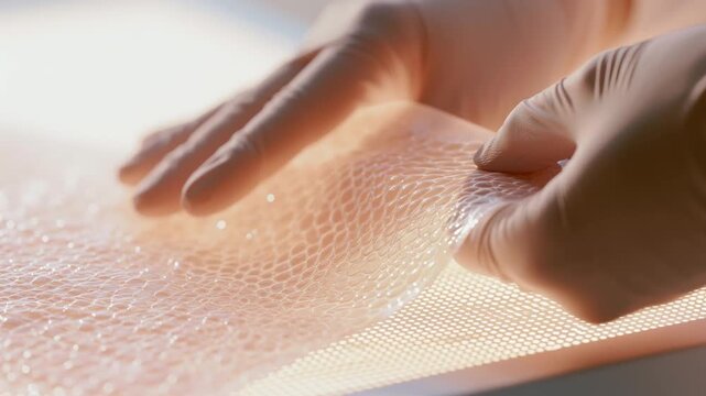 Artificial skin transplantation concept gloved hand examining texture of bioengineered translucent membrane, tissue engineering research, biomedical laboratory innovation and healing science.