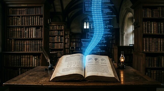 Open book on a wooden desk in a dark library with blue digital binary code rising from the pages like magic light