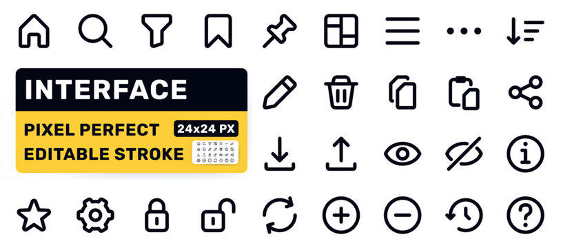 Interface action line icon set. Home, search, bookmark, dashboard, menu, edit, star pictogram minimal vector illustration. Simple bold outline sign, web ui kit. 24x24 Pixel Perfect. Editable Stroke.