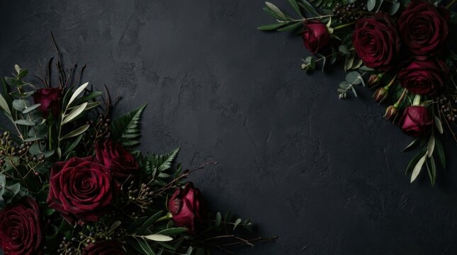Elegant Dark Background with Red Roses and Green Leaves Arrangement