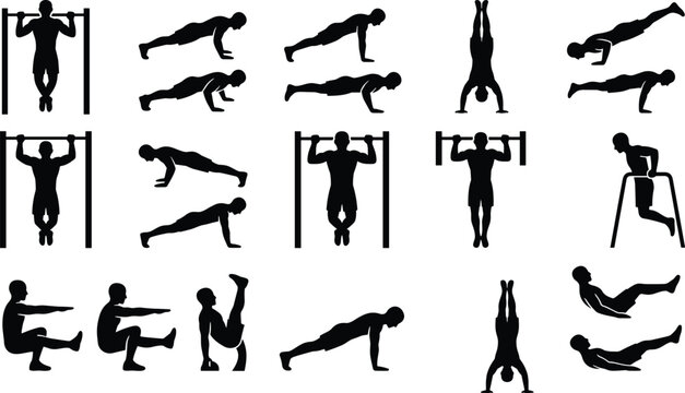 Calisthenics Silhouette Icons Depicting Pull-Ups, Push-Ups, Handstands, Dips, Leg Raises, and V-Sit Bodyweight Exercises