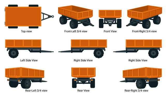Orange utility trailers with various side and top views.