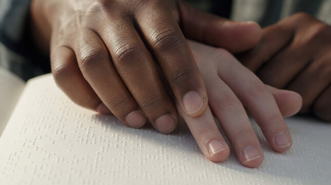 Diverse hands touching text in a Braille book to represent inclusive education and sensory learning for blind people.