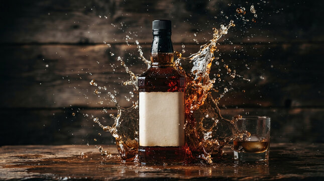 Whisky bottle with blank label and liquid splash on rustic wooden background