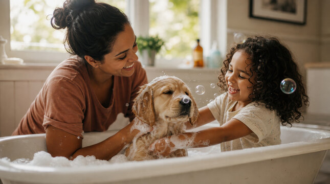 Mother and daughter washing a golden retriever puppy in a bathtub at home, enjoying fun family time with bubbles and lather.
