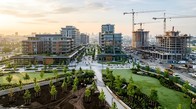 Aerial view of modern urban development with construction cranes and green spaces at sunrise