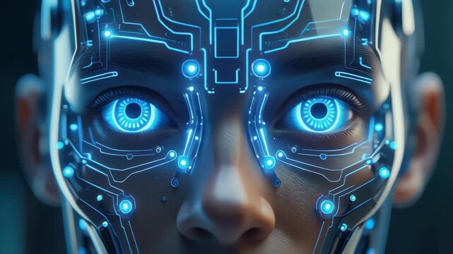 Close up face of a futuristic humanoid robot with glowing blue neural network circuits