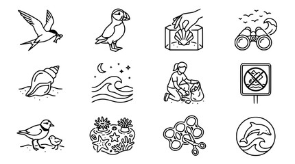 Fototapeta premium Ocean Conservation Icons: Wildlife, Pollution, and Nature Elements