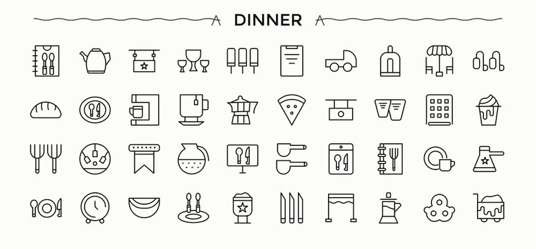 Dinner icon set. Vector icons collection. Pixel perfect. Editable stroke. Dishes icon set. Contains such icons as lunch, beverage, eat, food, meal and more.