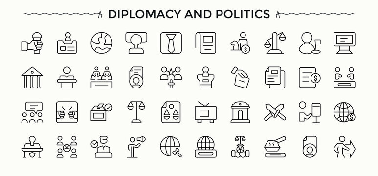 Political icon collection. Minimalist icons collection. Related to politics, campaign, diplomacy, democrat, government, governance. Art and illustration. Governance line icon set.