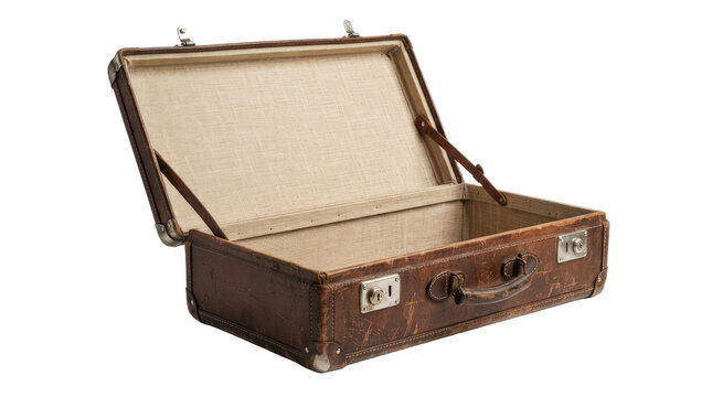 Open vintage brown leather suitcase isolated on transparent background