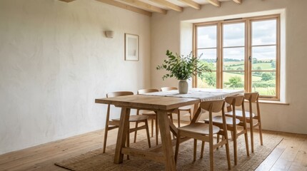 Fototapeta premium Bright and Spacious Minimalist Dining Room with Wooden Furniture