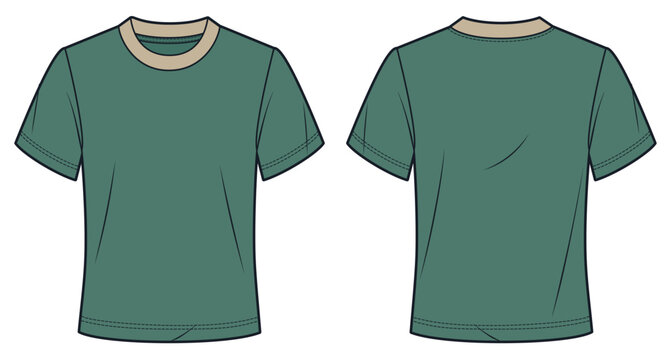 Contrast Collar Crew Neck Tee Fashion Flat Technical Drawing Template, deep green and stone, front and back views, Top CAD Mockup
