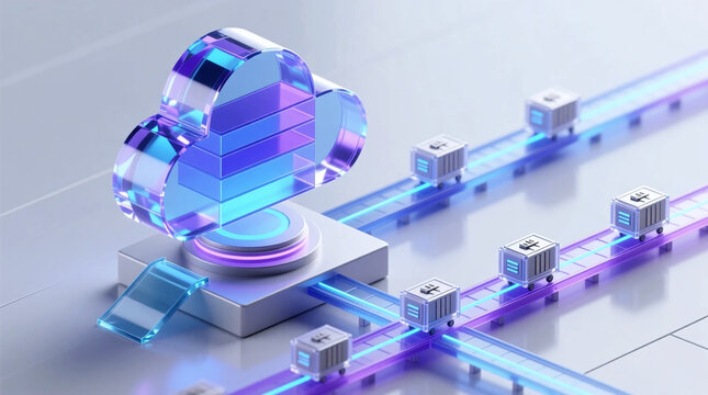 Isometric 3D render illustrating supply chain resilience concept with uninterrupted flow of digital data from glass cloud storage database onto tracks
