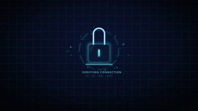 Futuristic neon HUD padlock animation demonstrating network connection verification, encryption processing, and connection secured status on a dark digital grid background