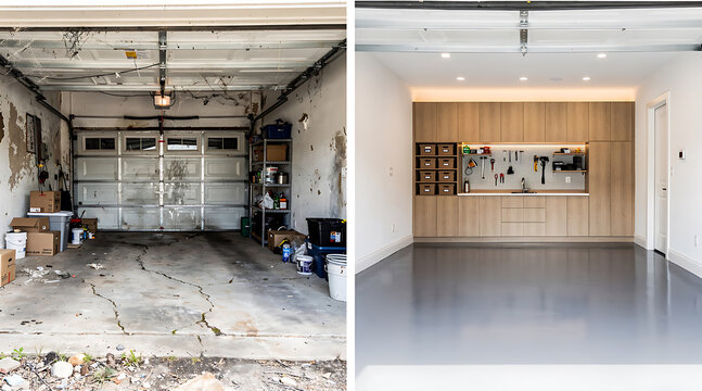 Transformation of a cluttered and deteriorated garage into a sleek modern workspace with clean design and organized tools