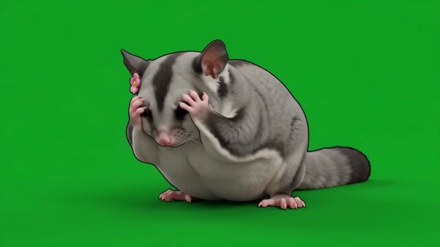 Cute sugar glider on a green screen background looking shy or embarrassed, covering its face with its paws.