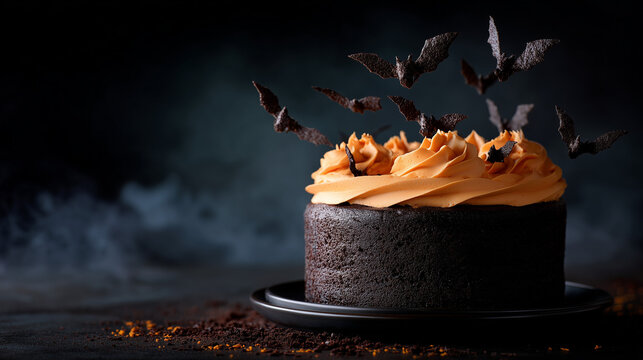 Black velvet cake with orange buttercream frosting and edible bats, dramatic Halloween lighting, commercial food photography, no humans