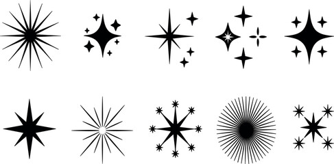 Obraz premium Black Sparkle Star Collection Vector Illustration, Decorative Shining Symbols and Celestial Light Design Elements Set